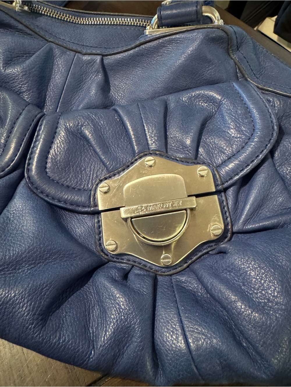 B. Makowsky Classic Navy Leather Shoulder Bag with Silver Hardware - Picture 2 of 5